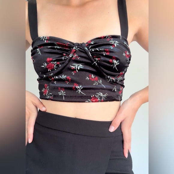 Velvet Black and Red Floral Crop Top - Picture 2 of 7